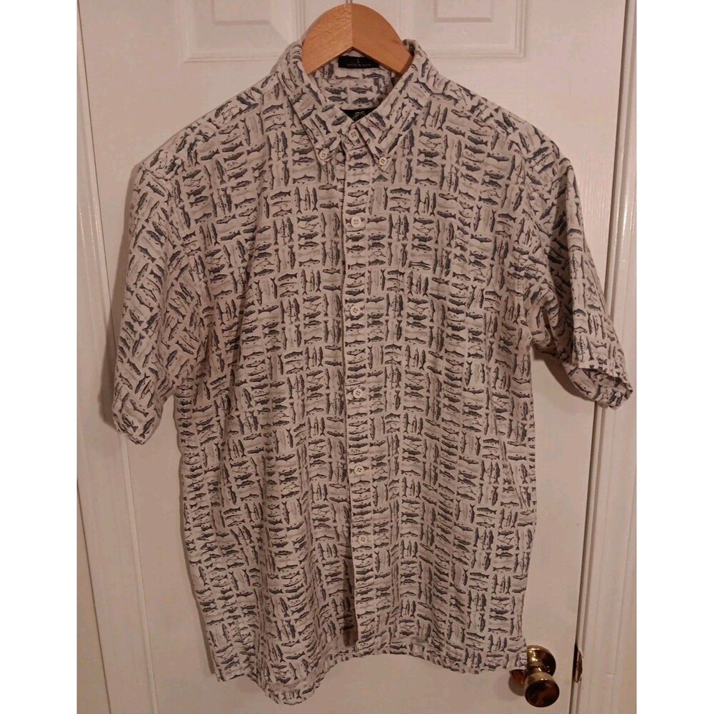 Men's Newport Blue Button Up Shirt. Fish Pattern. Large